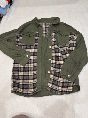 Plaid Flannel Panel Olive Utility Shacket